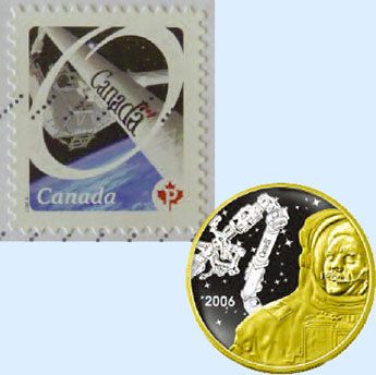 Photo of a stamp with the Canadarm and Photo of a coin depicting the Canadarm and Canadian astronaut Colonel Chris Hadfield